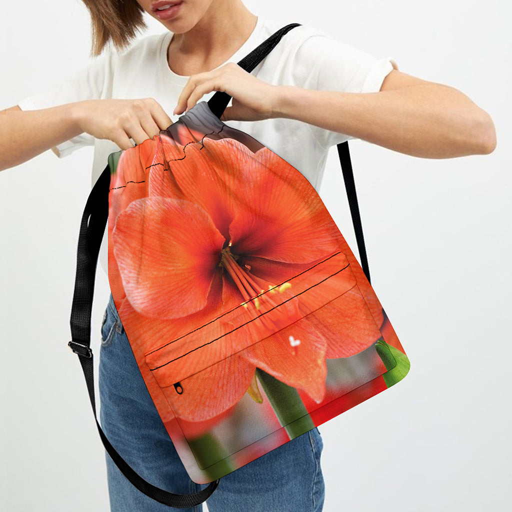 Orange Amaryllis Print Drawstring Backpack