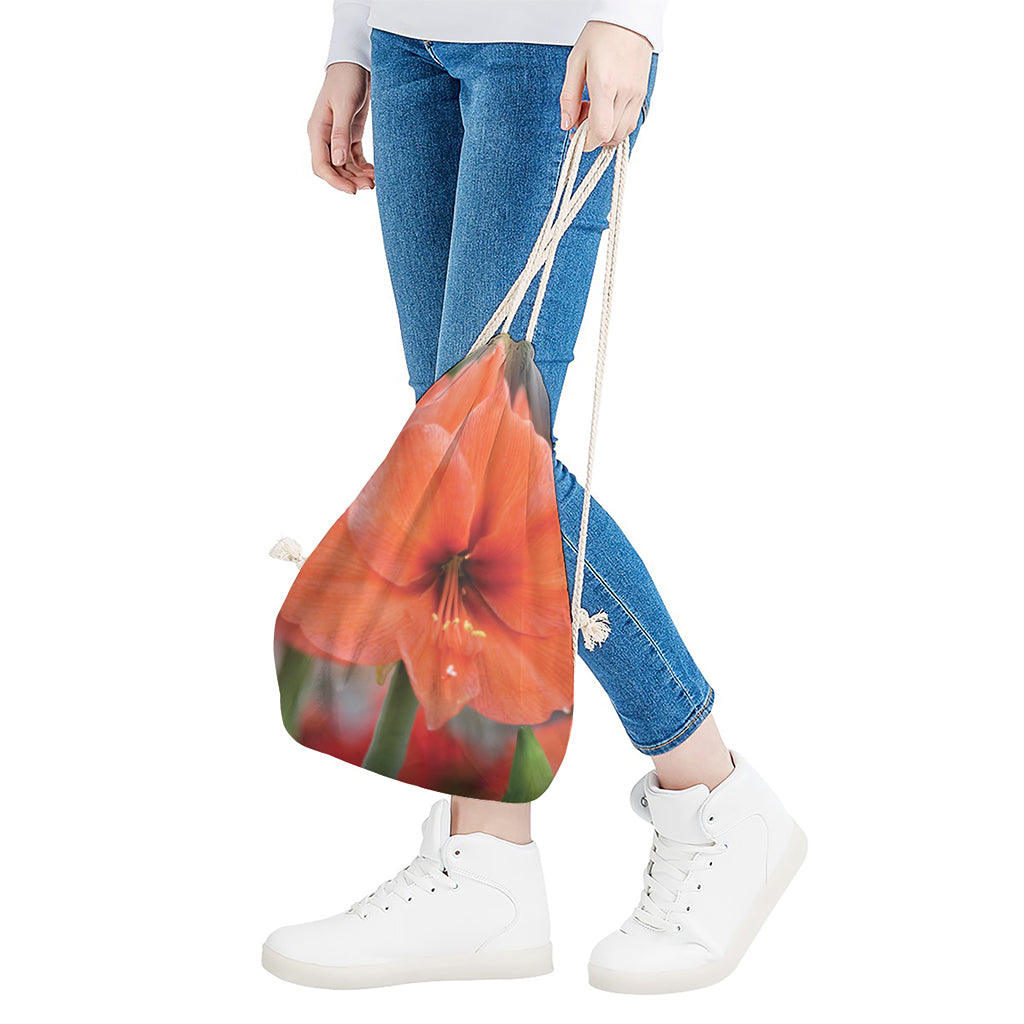 Orange Amaryllis Print Drawstring Bag