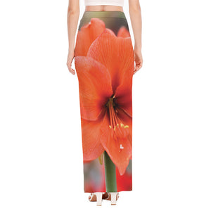 Orange Amaryllis Print High Slit Maxi Skirt