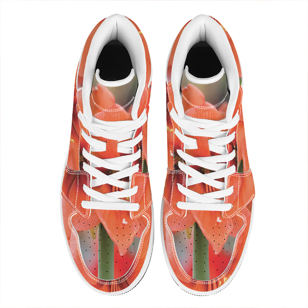 Orange Amaryllis Print High Top Leather Sneakers