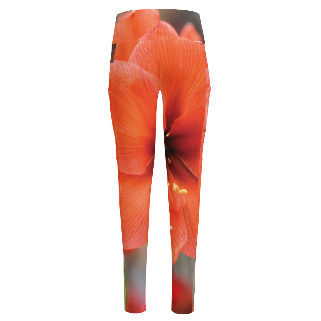 Orange Amaryllis Print High-Waisted Pocket Leggings