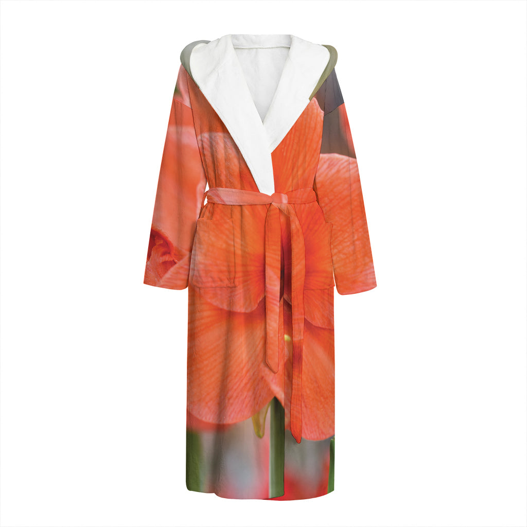 Orange Amaryllis Print Hooded Bathrobe