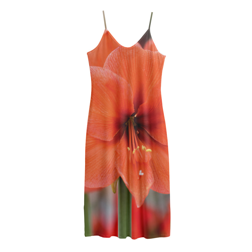 Orange Amaryllis Print Jersey Midi Cami Dress