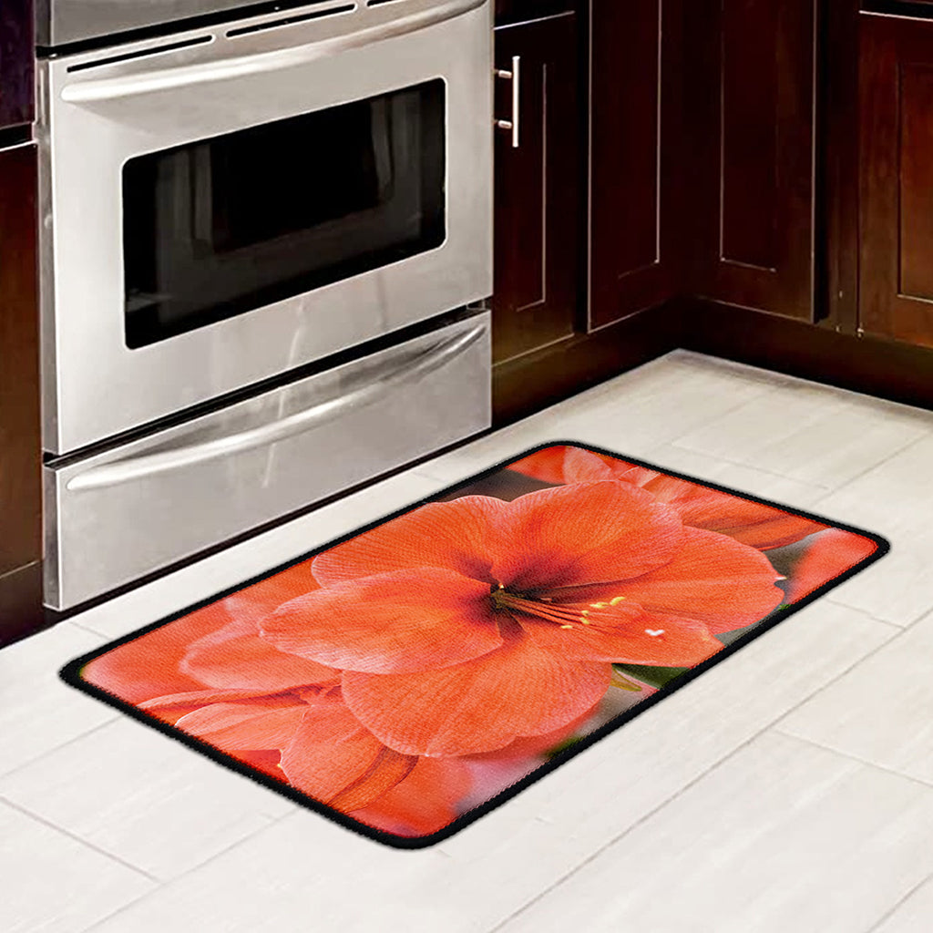 Orange Amaryllis Print Kitchen Mat