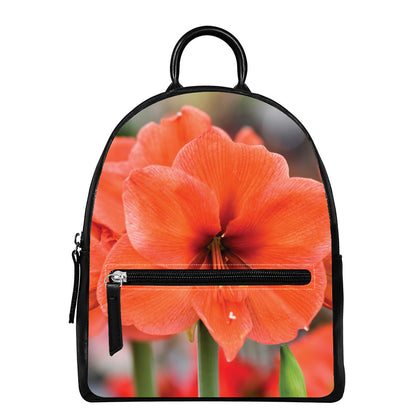 Orange Amaryllis Print Leather Backpack