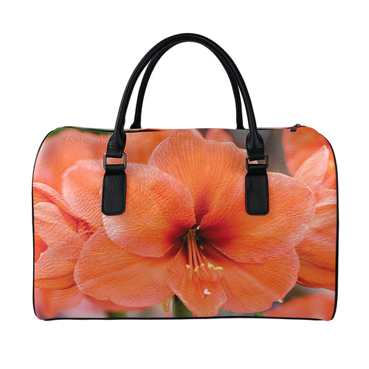Orange Amaryllis Print Leather Duffle Bag