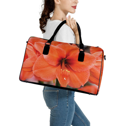 Orange Amaryllis Print Leather Duffle Bag