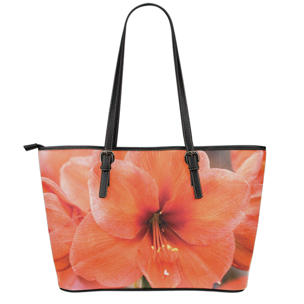 Orange Amaryllis Print Leather Tote Bag