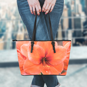 Orange Amaryllis Print Leather Tote Bag