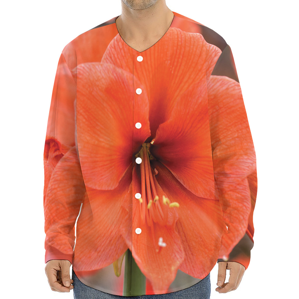 Orange Amaryllis Print Long Sleeve Baseball Jersey