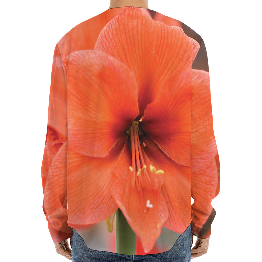 Orange Amaryllis Print Long Sleeve Baseball Jersey