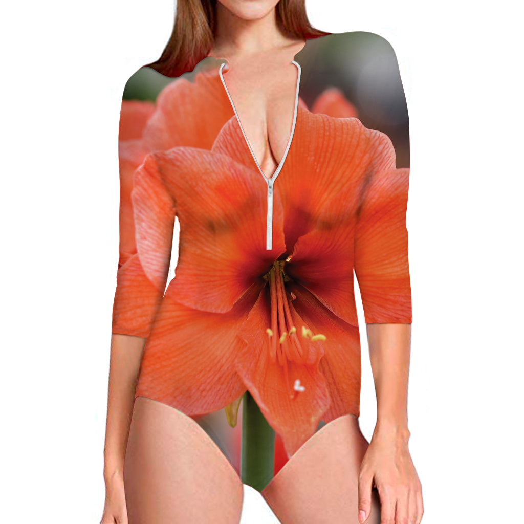 Orange Amaryllis Print Long Sleeve Swimsuit