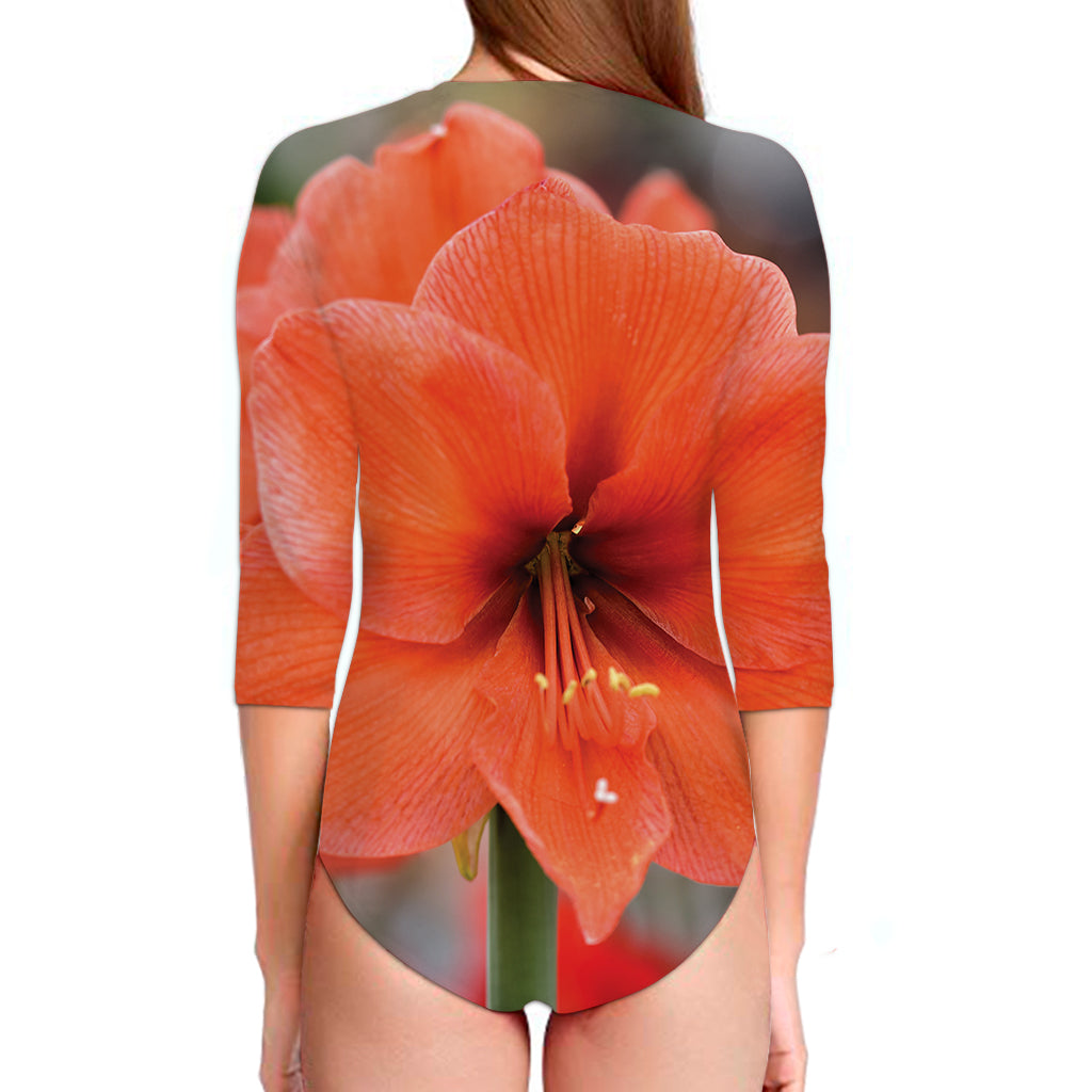 Orange Amaryllis Print Long Sleeve Swimsuit