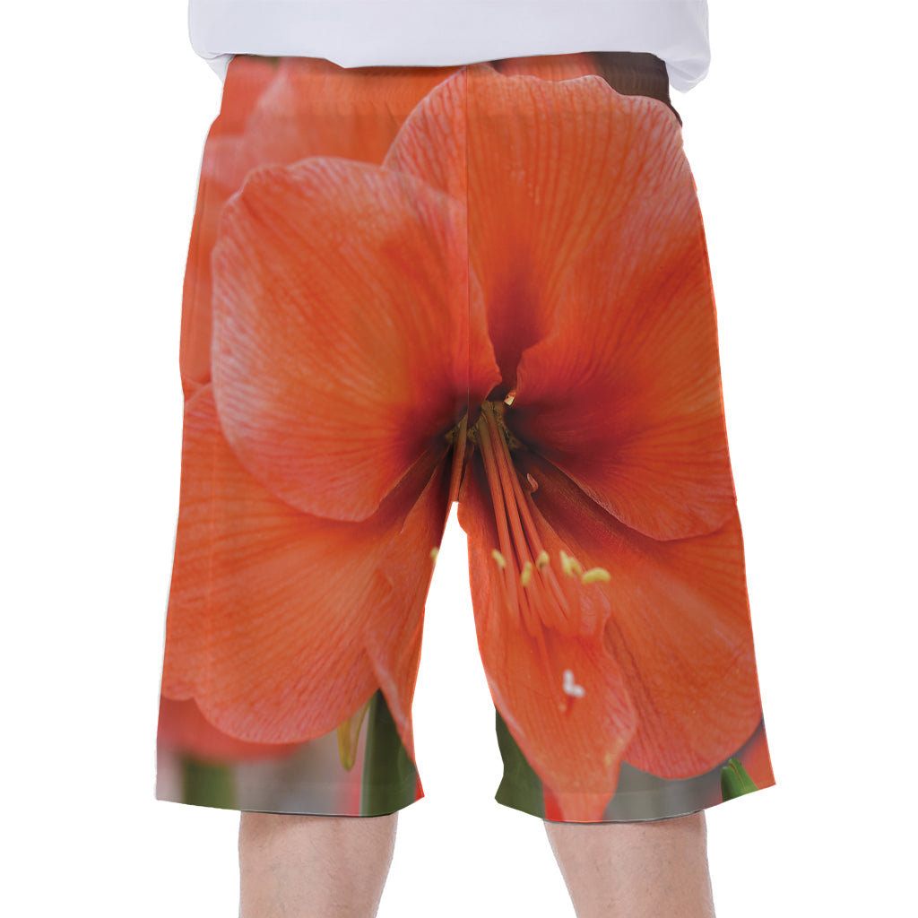 Orange Amaryllis Print Men's Beach Shorts