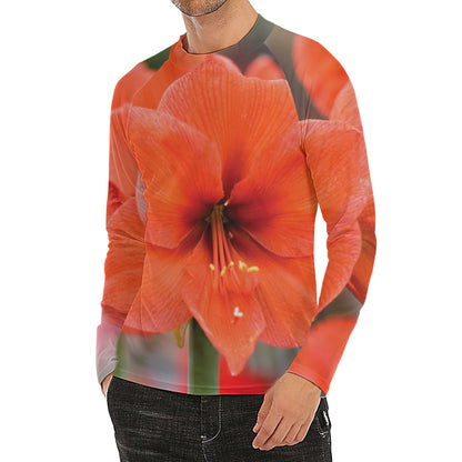 Orange Amaryllis Print Men's Long Sleeve Rash Guard