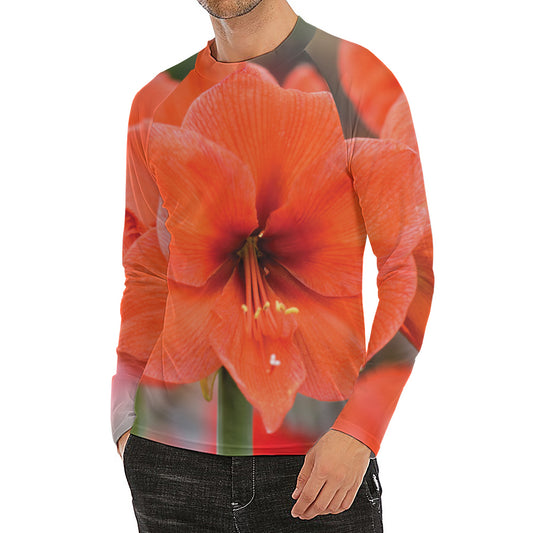 Orange Amaryllis Print Men's Long Sleeve Rash Guard