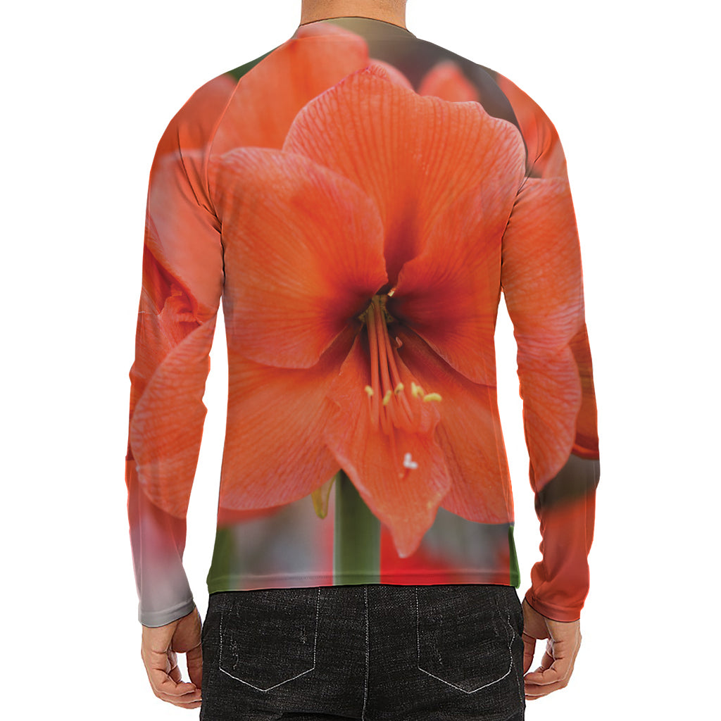 Orange Amaryllis Print Men's Long Sleeve Rash Guard