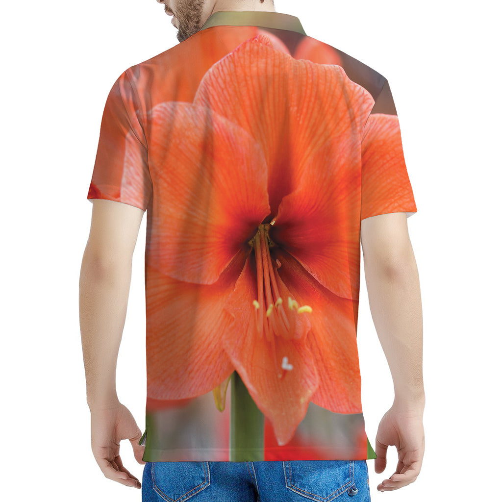 Orange Amaryllis Print Men's Polo Shirt