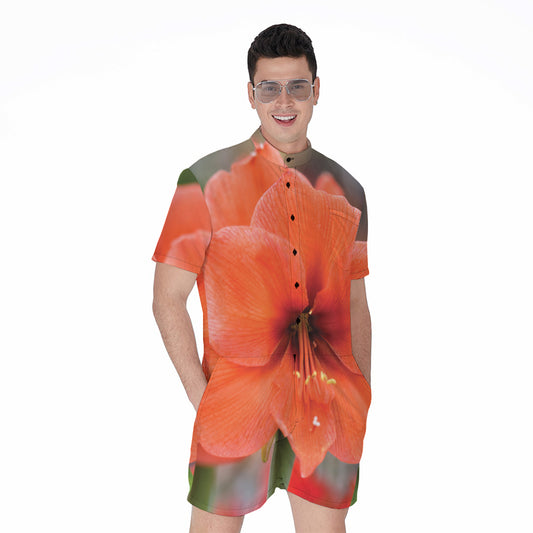 Orange Amaryllis Print Men's Rompers