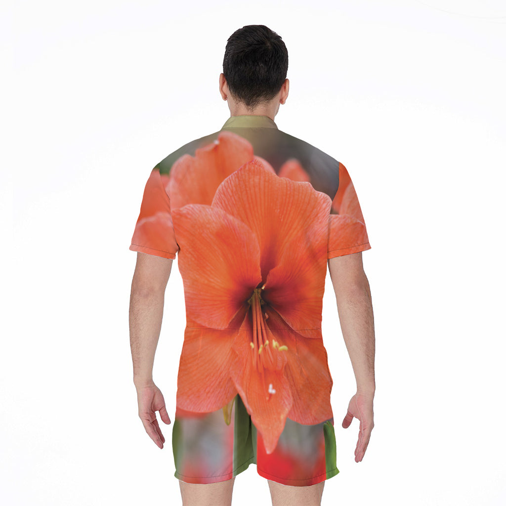 Orange Amaryllis Print Men's Rompers
