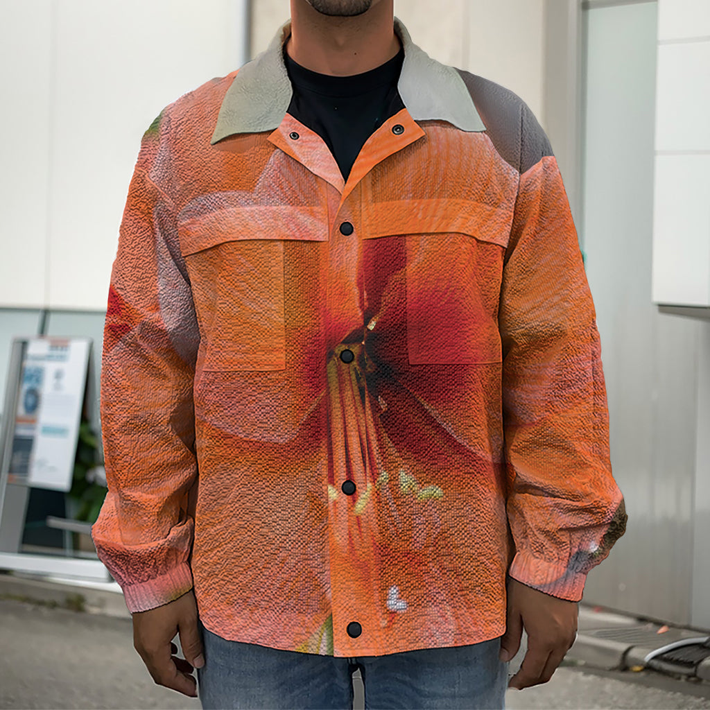 Orange Amaryllis Print Men's Shirt Jacket