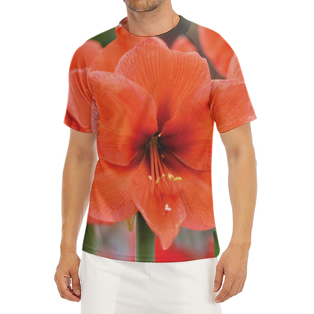 Orange Amaryllis Print Men's Short Sleeve Rash Guard
