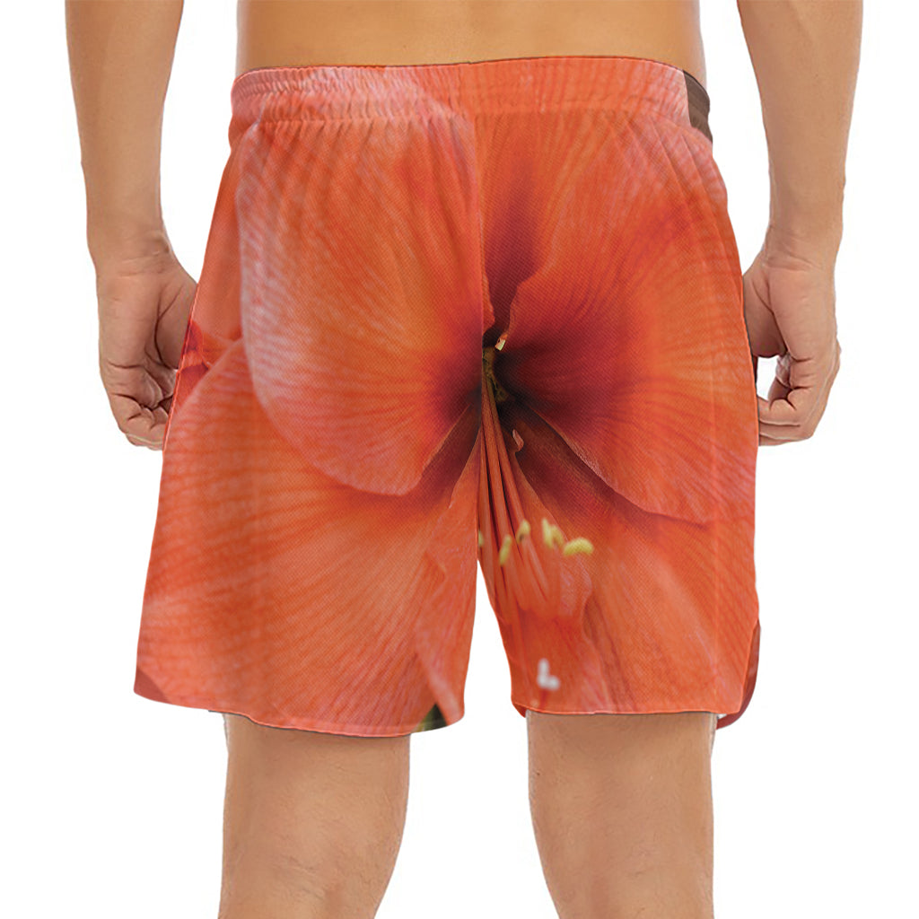 Orange Amaryllis Print Men's Split Running Shorts