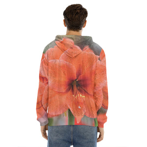 Orange Amaryllis Print Men's Velvet Pullover Hoodie