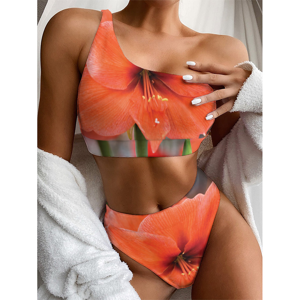 Orange Amaryllis Print One Shoulder Bikini Top