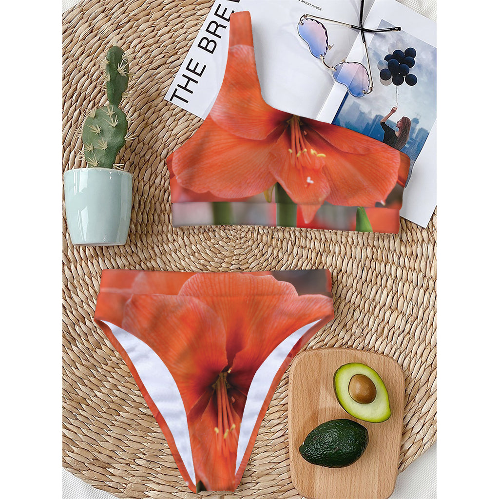 Orange Amaryllis Print One Shoulder Bikini Top