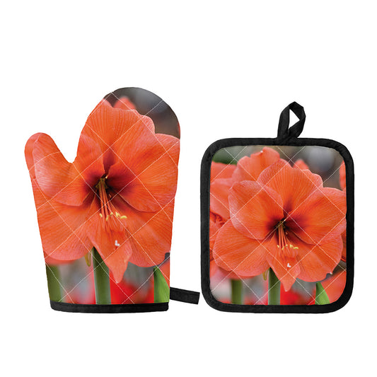 Orange Amaryllis Print Oven Mitt And Pot Holder Set