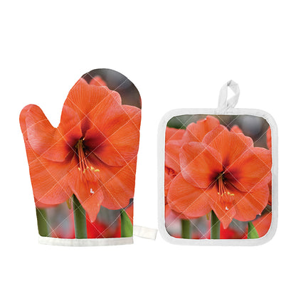Orange Amaryllis Print Oven Mitt And Pot Holder Set