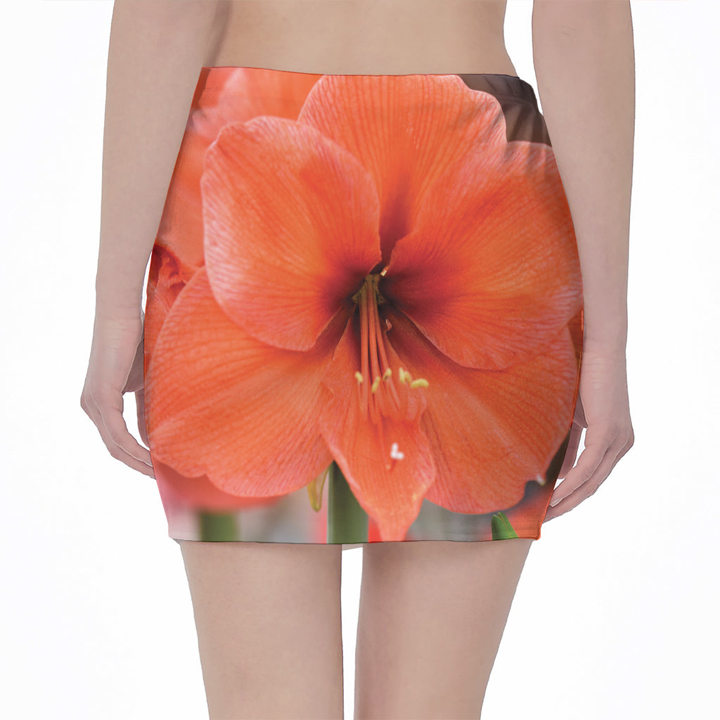 Orange Amaryllis Print Pencil Mini Skirt