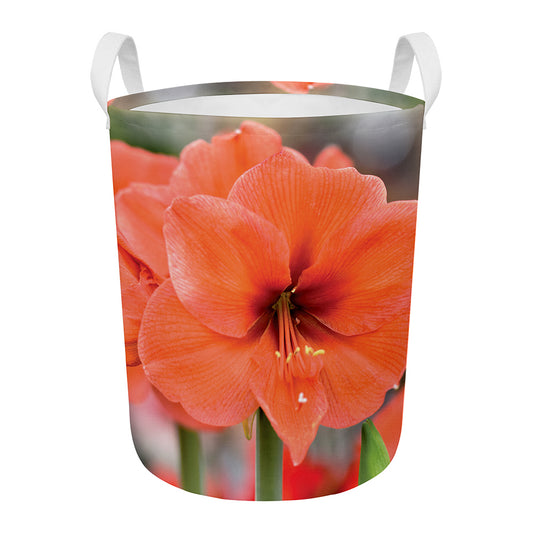 Orange Amaryllis Print Round Laundry Basket