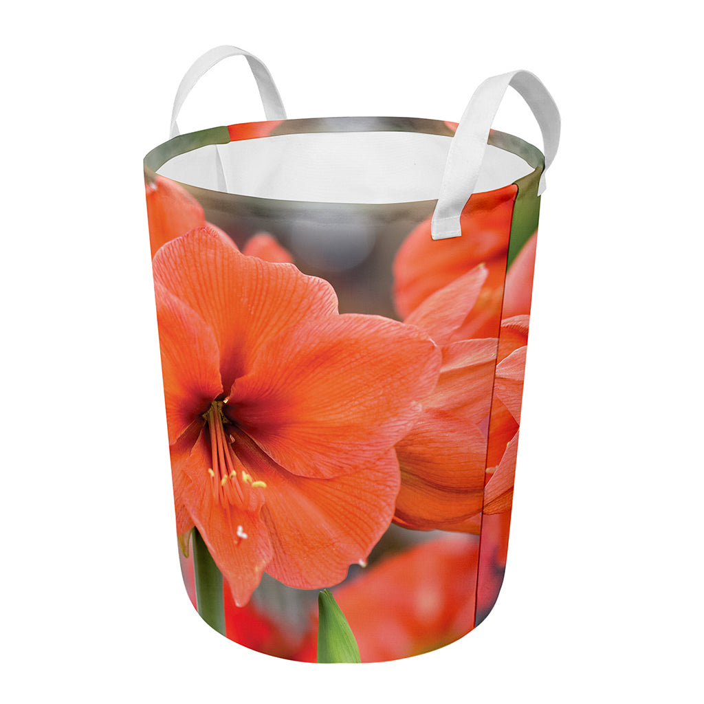 Orange Amaryllis Print Round Laundry Basket