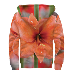 Orange Amaryllis Print Sherpa Lined Zip Up Hoodie