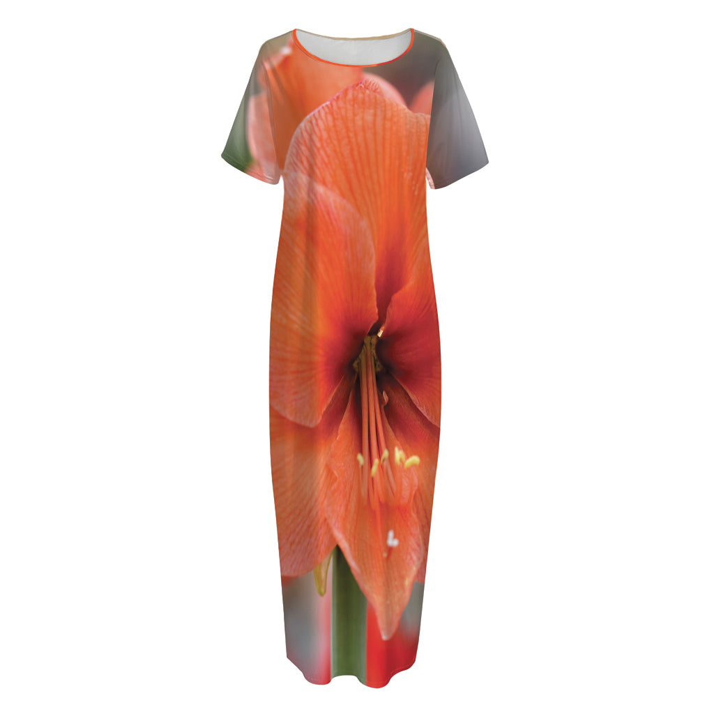 Orange Amaryllis Print Short Sleeve Long Nightdress