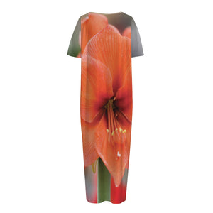 Orange Amaryllis Print Short Sleeve Long Nightdress