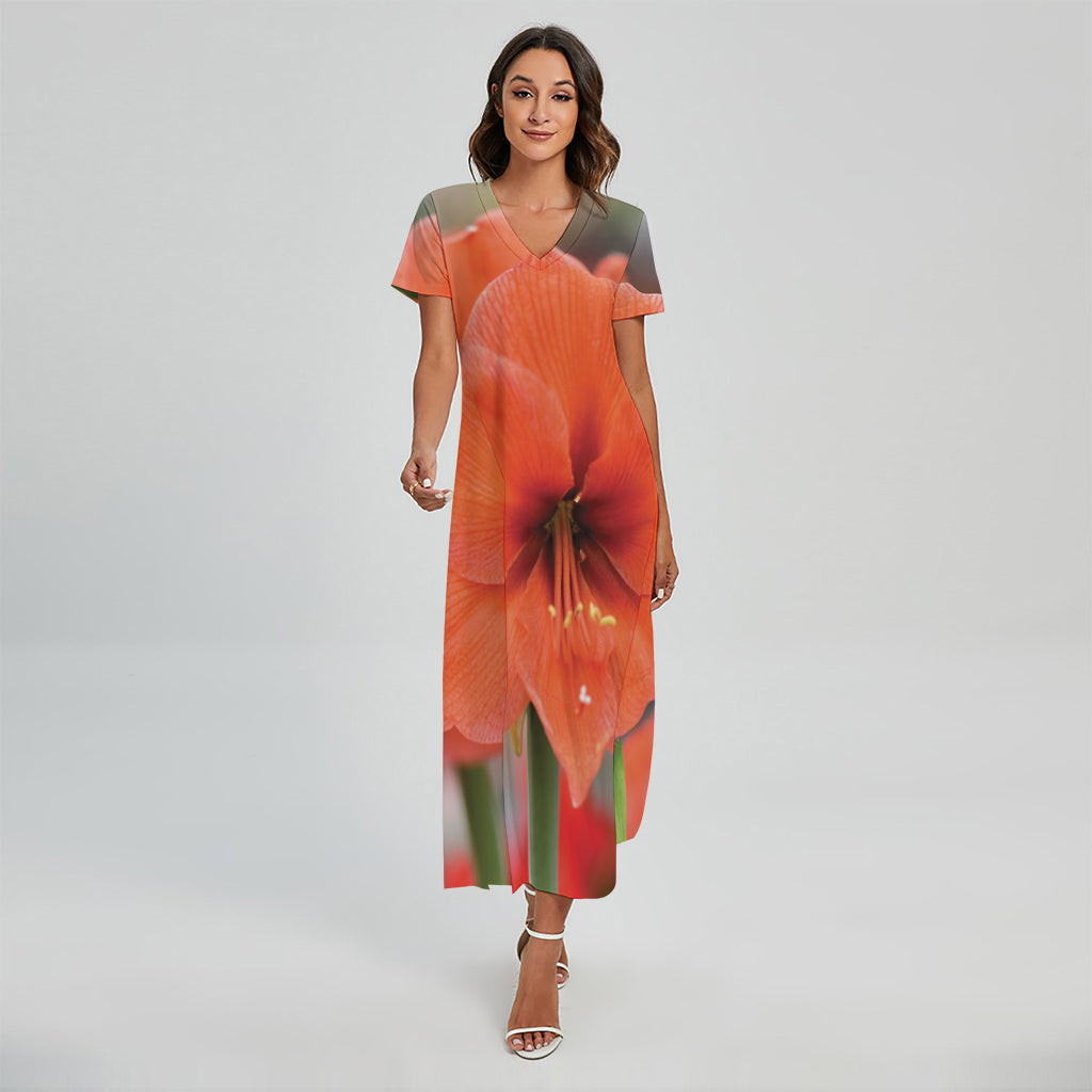 Orange Amaryllis Print Short Sleeve Maxi Dress