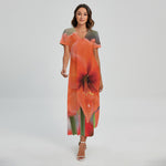 Orange Amaryllis Print Short Sleeve Maxi Dress