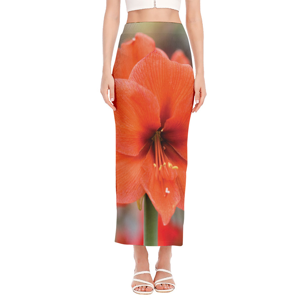 Orange Amaryllis Print Side Slit Maxi Skirt