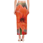 Orange Amaryllis Print Side Slit Maxi Skirt