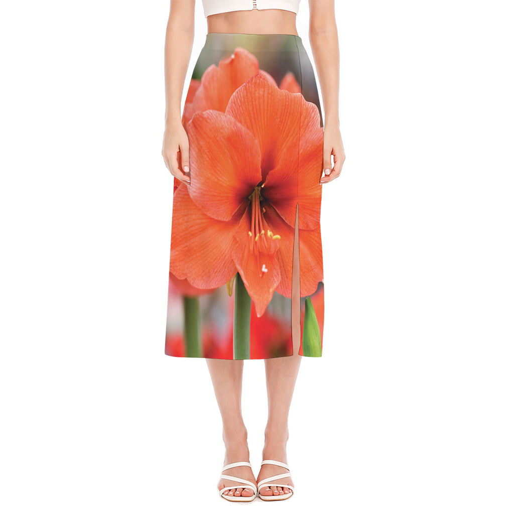 Orange Amaryllis Print Side Slit Midi Skirt