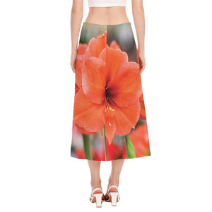 Orange Amaryllis Print Side Slit Midi Skirt