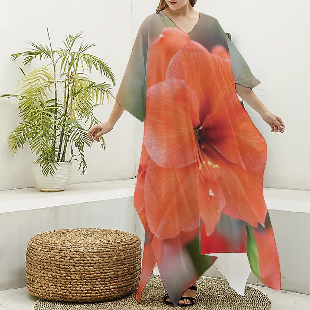 Orange Amaryllis Print Silk V-Neck Kaftan Dress