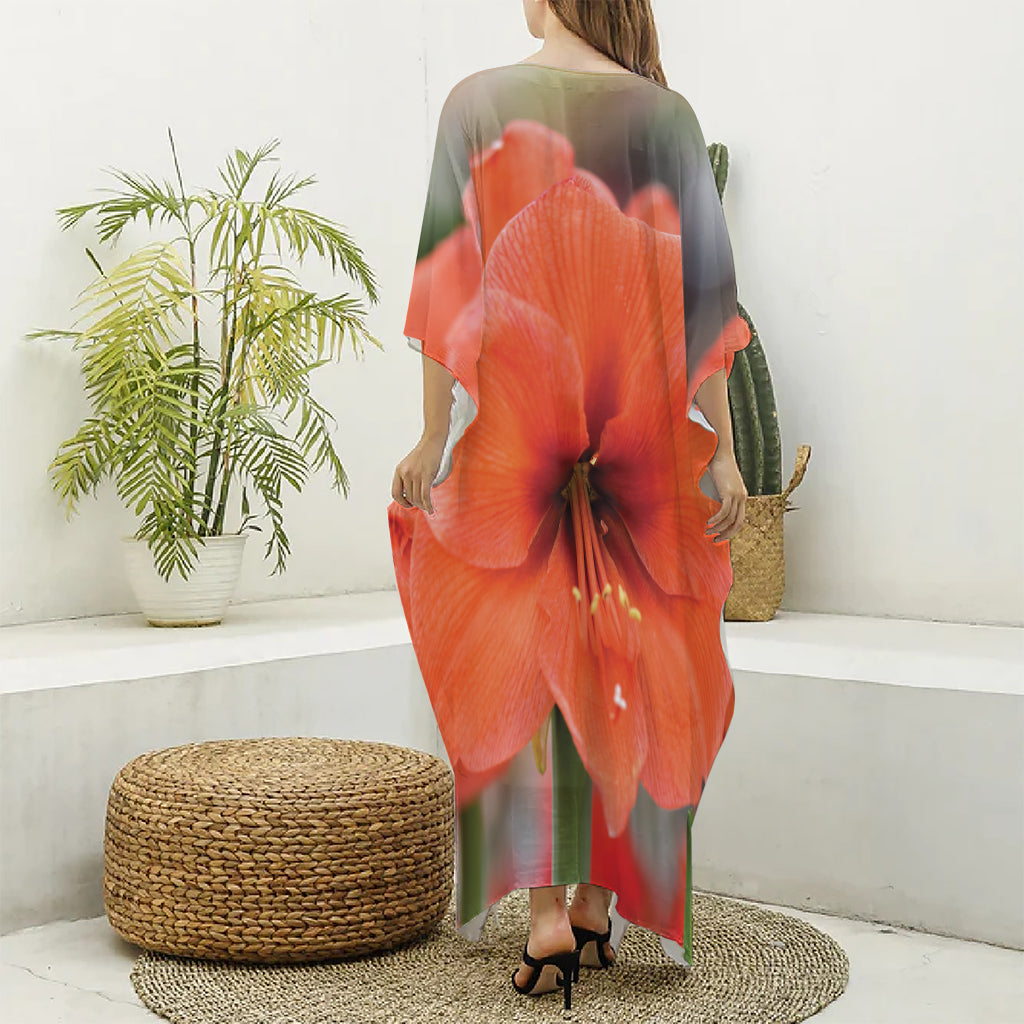 Orange Amaryllis Print Silk V-Neck Kaftan Dress