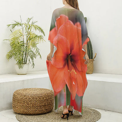 Orange Amaryllis Print Silk V-Neck Kaftan Dress