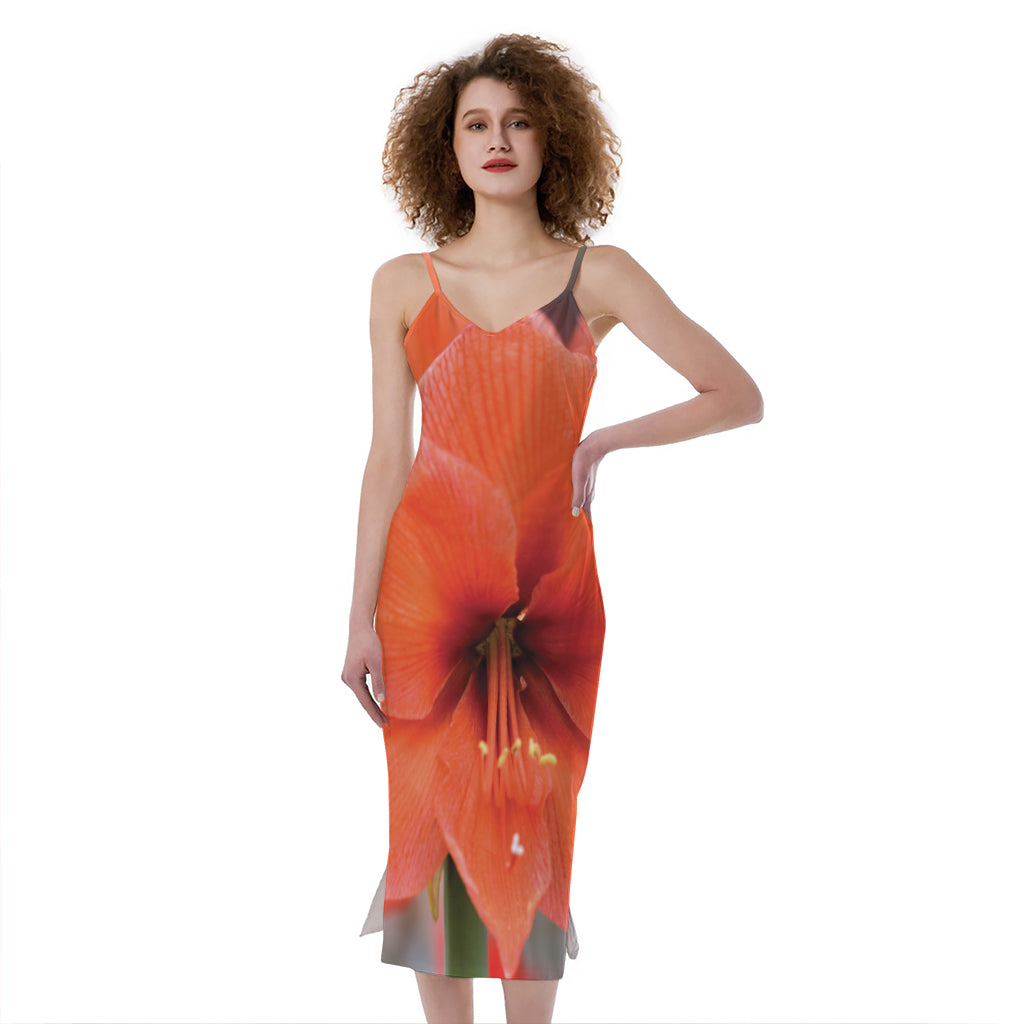 Orange Amaryllis Print Slim Fit Midi Cami Dress