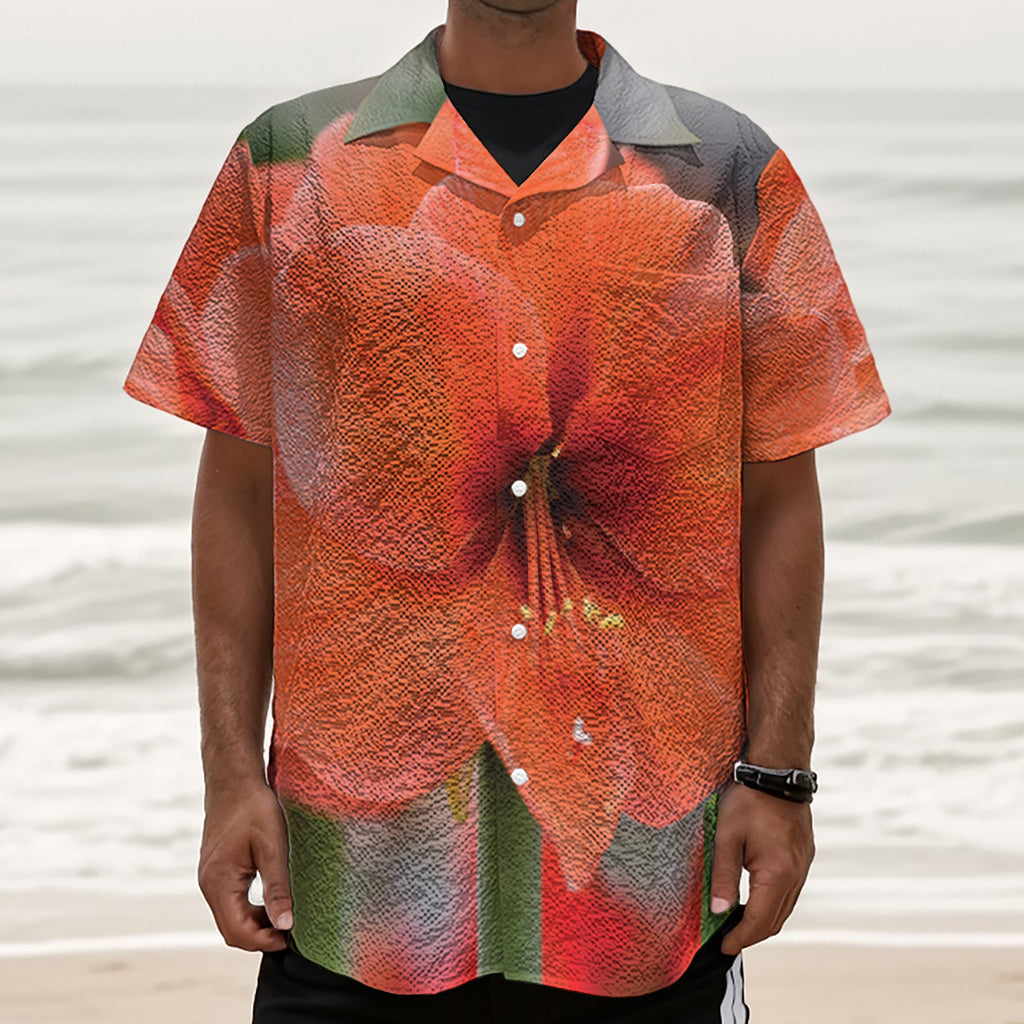 Orange Amaryllis Print Textured Short Sleeve Shirt