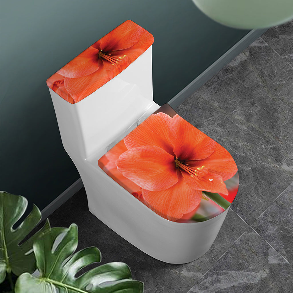 Orange Amaryllis Print Toilet Lid And Tank Cover Set